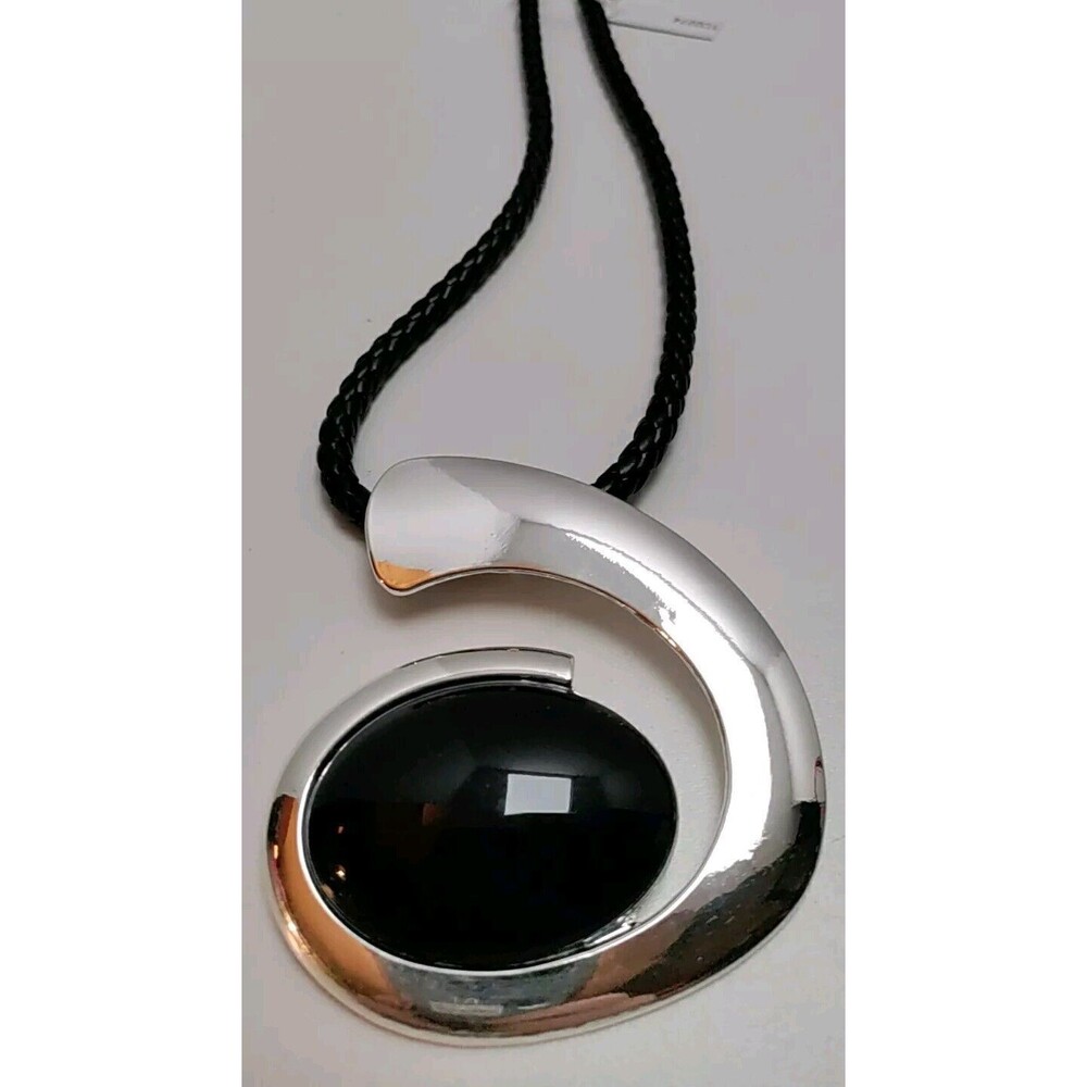 Tribal Large Spiral Black Cabochon Pendant Black Braided Cord Necklace 22in Sale